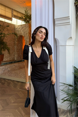 Sienna V Yaka Omuz Detaylı Midi Elbise 9357 SİYAH