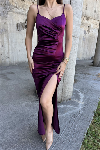 Siete İp Askı Yırtmaçlı Saten Abiye 582177 MÜRDÜM