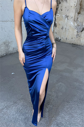Siete İp Askı Yırtmaçlı Saten Abiye 582177 SAKS MAVİSİ