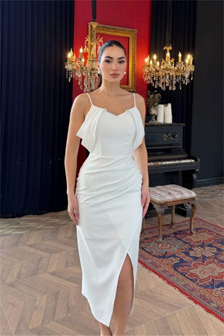 Sina Yırtmaç Detaylı Askılı Midi Elbise 4386 