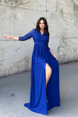 Sofia Güpür Detay Yırtmaçlı Abiye 84596 SAKS MAVİSİ