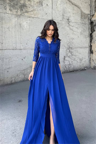 Sofia Güpür Detay Yırtmaçlı Abiye 84596 SAKS MAVİSİ