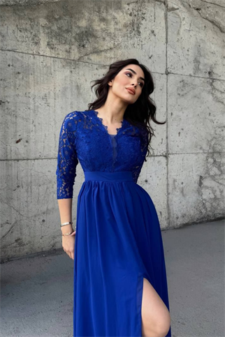 Sofia Güpür Detay Yırtmaçlı Abiye 84596 SAKS MAVİSİ