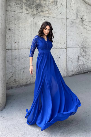 Sofia Güpür Detay Yırtmaçlı Abiye 84596 SAKS MAVİSİ