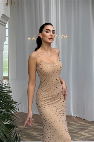 Sofia İp Askılı Taş Detay Maxi Elbise 9365