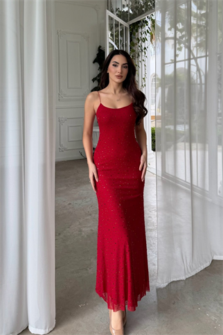 Sofia İp Askılı Taş Detay Maxi Elbise 9365