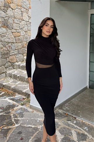 Sophie Beli Tül Detay Sandy Midi Elbise 10957 SİYAH