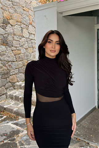 Sophie Beli Tül Detay Sandy Midi Elbise 10957 SİYAH