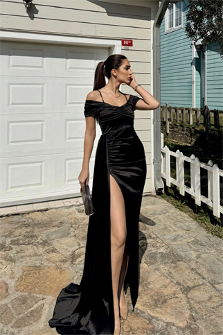 Stone Drape Yaka Yırtmaç Detay Kuyruklu Abiye 582553 SİYAH