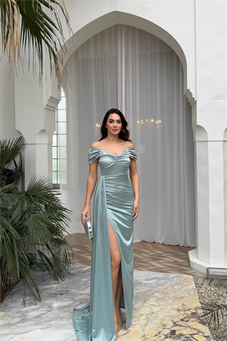 Stone Drape Yaka Yırtmaç Detay Kuyruklu Abiye 582553 MİNT YEŞİLİ