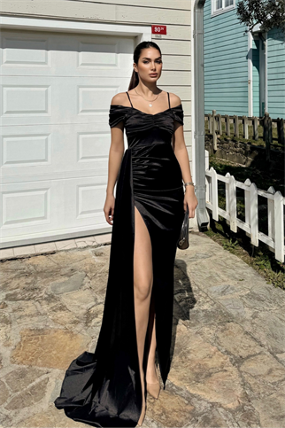 Stone Drape Yaka Yırtmaç Detay Kuyruklu Abiye 582553 SİYAH