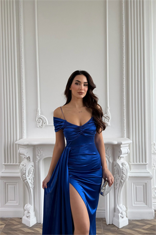 Stone Drape Yaka Yırtmaç Detay Kuyruklu Abiye 582553 SAKS MAVİSİ