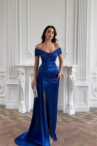 Stone Drape Yaka Yırtmaç Detay Kuyruklu Abiye 582553 SAKS MAVİSİ