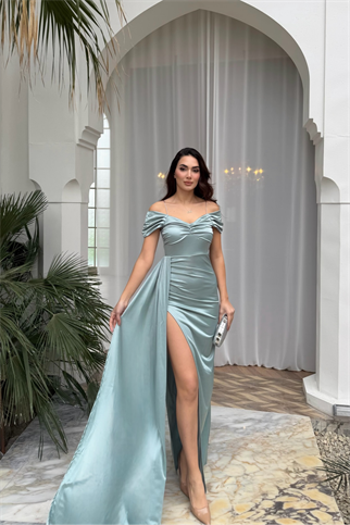 Stone Drape Yaka Yırtmaç Detay Kuyruklu Abiye 582553 MİNT YEŞİLİ