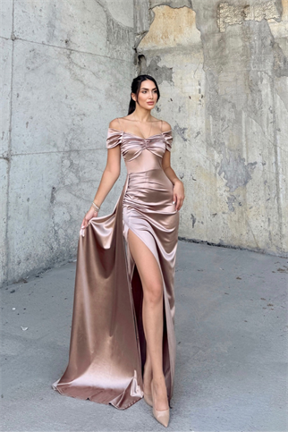 Stone Drape Yaka Yırtmaç Detay Kuyruklu Abiye 582553 VİZON