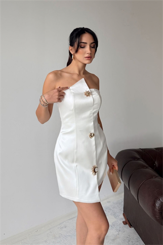 Straplez Toka Detaylı Saten Mini Elbise 9391 