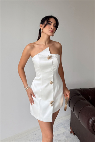Straplez Toka Detaylı Saten Mini Elbise 9391 