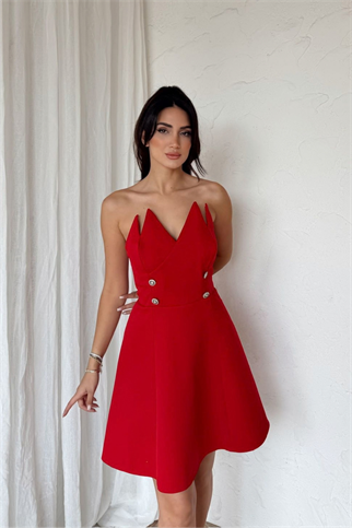 Straplez Yaka Detay Düğmeli Mini Elbise 9356