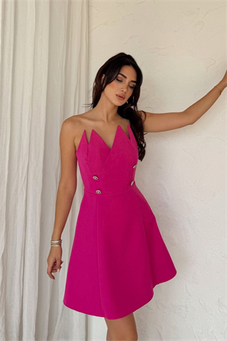 Straplez Yaka Detay Düğmeli Mini Elbise 9356