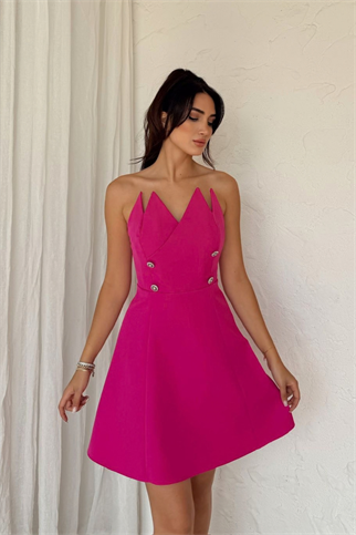 Straplez Yaka Detay Düğmeli Mini Elbise 9356