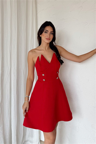 Straplez Yaka Detay Düğmeli Mini Elbise 9356
