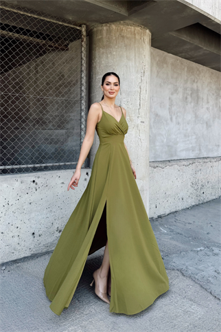 Talia İp Askı Kruvaze Yaka Yırtmaçlı Abiye 582189 YAĞ YEŞİLİ