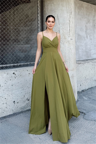 Talia İp Askı Kruvaze Yaka Yırtmaçlı Abiye 582189 YAĞ YEŞİLİ