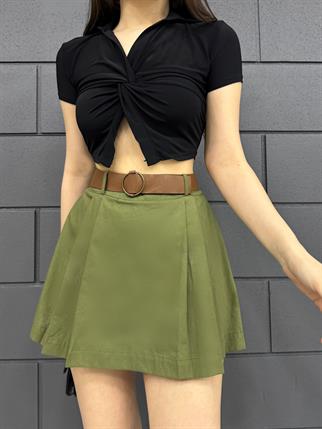 Tansel Gabardin Kemer Detay Şort Etek 8028 HAKİ