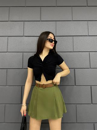 Tansel Gabardin Kemer Detay Şort Etek 8028 HAKİ