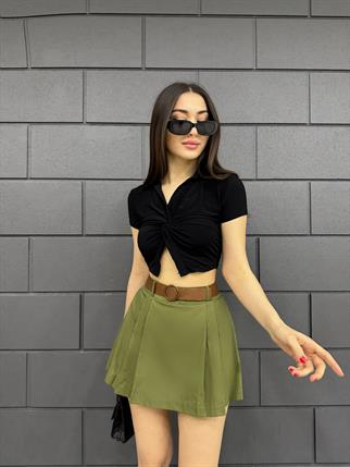 Tansel Gabardin Kemer Detay Şort Etek 8028 HAKİ