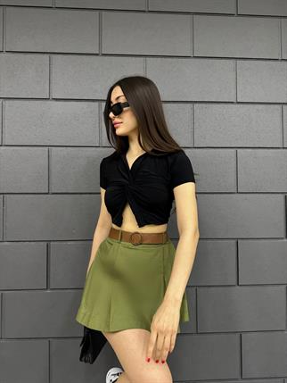 Tansel Gabardin Kemer Detay Şort Etek 8028 HAKİ