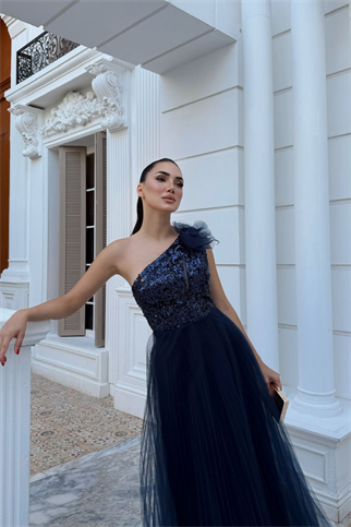 Tek Omuz Çiçek Detaylı Tül Abiye 296