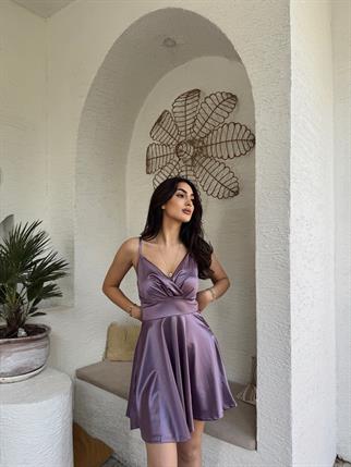 Tılsım Kruvaze Yaka Saten Elbise 582223 LİLA