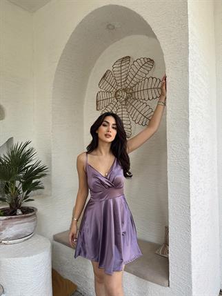 Tılsım Kruvaze Yaka Saten Elbise 582223 LİLA