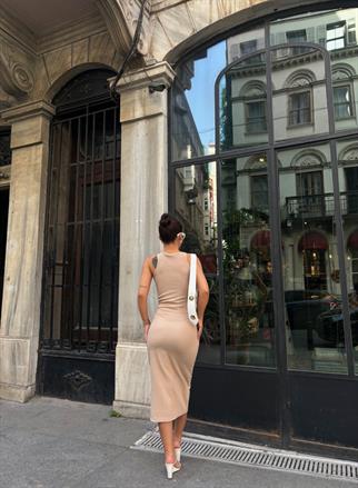 Tracy Tek Yırtmaçlı Ottoman Midi Elbise 1671 TAŞ RENGİ