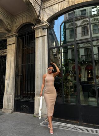 Tracy Tek Yırtmaçlı Ottoman Midi Elbise 1671 TAŞ RENGİ