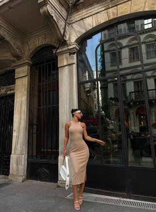 Tracy Tek Yırtmaçlı Ottoman Midi Elbise 1671 TAŞ RENGİ