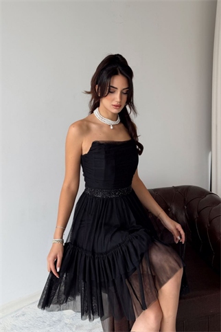 Tül Detay Bel Boncuklu Mini Elbise 9354