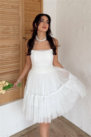 Tül Detay Bel Boncuklu Mini Elbise 9354