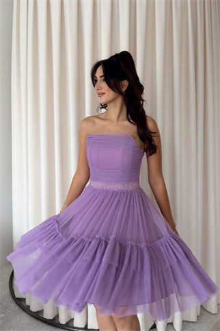 Tül Detay Bel Boncuklu Mini Elbise 9354