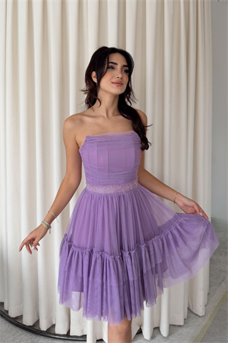 Tül Detay Bel Boncuklu Mini Elbise 9354