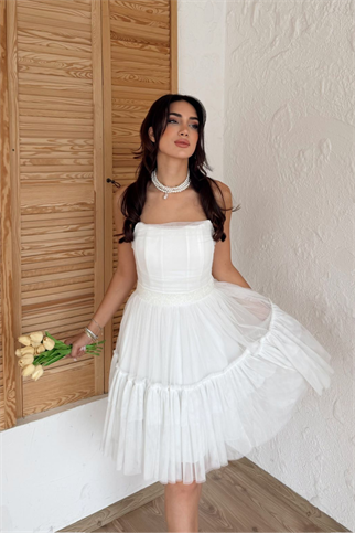 Tül Detay Bel Boncuklu Mini Elbise 9354