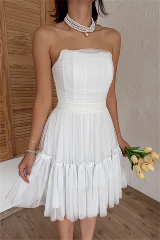 Tül Detay Bel Boncuklu Mini Elbise 9354