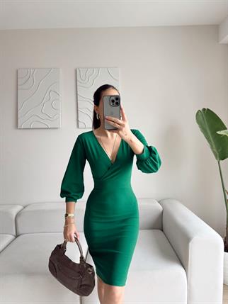 Tuna Kruvaze Yaka Midi Boy Kalem Elbise 58706 ZÜMRÜT YEŞİLİ K5X FS