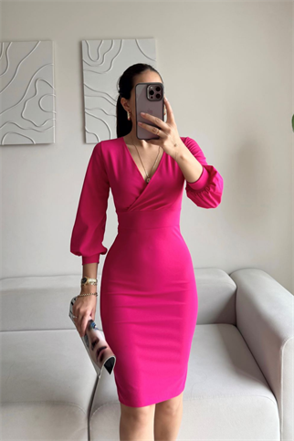 Tuna Kruvaze Yaka Midi Boy Kalem Elbise 58706 FUŞYA K5X FS