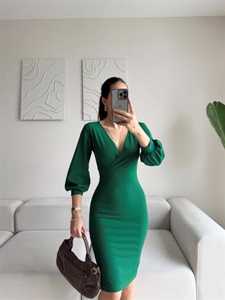 Tuna Kruvaze Yaka Midi Boy Kalem Elbise 58706 ZÜMRÜT YEŞİLİ K5X FS