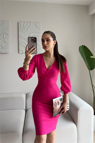 Tuna Kruvaze Yaka Midi Boy Kalem Elbise 58706 FUŞYA K5X FS