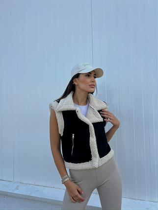 Vance İçi Kürk Detay Crop Kaban 10027 SİYAH-EKRU