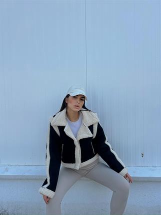 Vance İçi Kürk Detay Crop Kaban 10027 SİYAH-EKRU