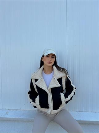 Vance İçi Kürk Detay Crop Kaban 10027 SİYAH-EKRU